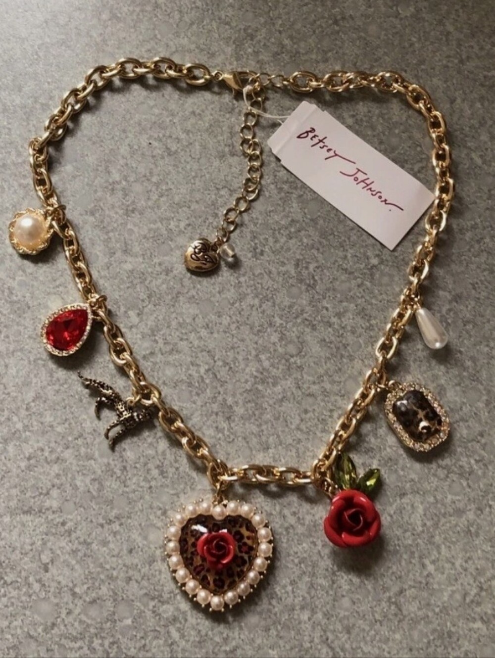 Betsey Johnson Leopard, Heart with Red Rose & Pearl Charms Necklace HL